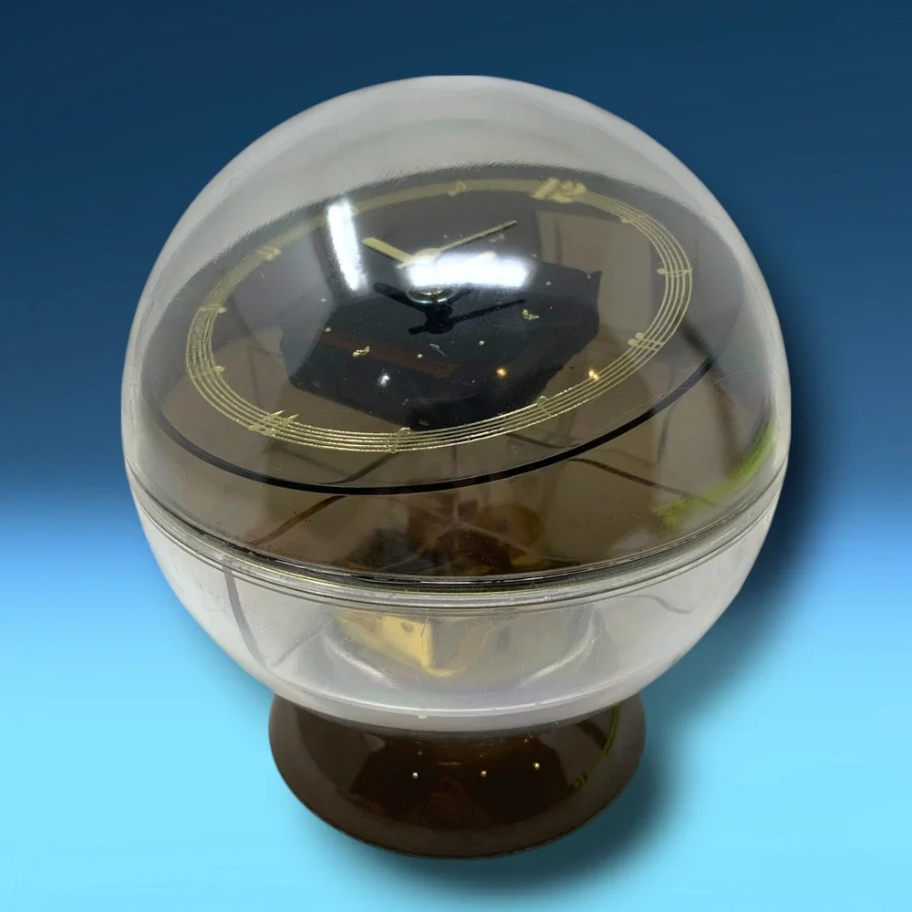 Vintage MCM Acrylic Sphere Lidded Jewelry Box Music Box & Clock Sputnik Pop Art